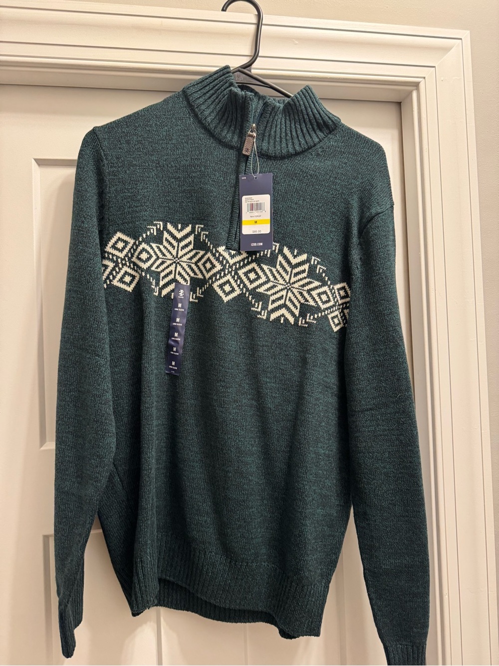 Izod Teal Green Fair Isle Zip Mock-Neck Sweater